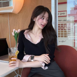 韩素希同款LAUTRE法式假两件衬衣领针织衫毛衣女秋季收腰显瘦上衣