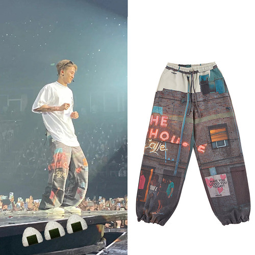 王嘉尔同款运动裤涂鸦印花长裤