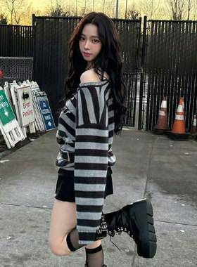 aespa柳智敏同款韩国setupexe复古条纹毛衣女春宽松露肩针织上衣