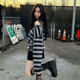aespa柳智敏同款 韩国setupexe复古条纹毛衣女秋宽松露肩针织上衣