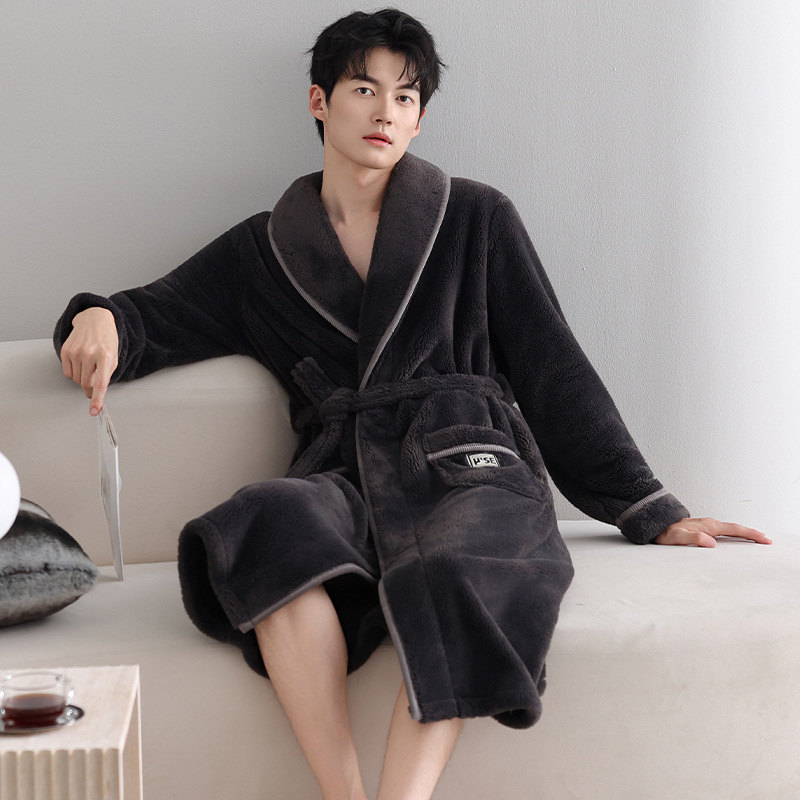 男士一体式睡袍新款保暖睡衣加绒