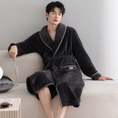 男士一体式睡袍新款保暖睡衣加绒