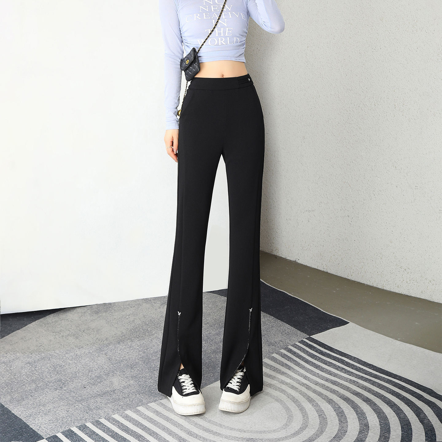 开叉喇叭裤女黑色烫钻时尚长裤子