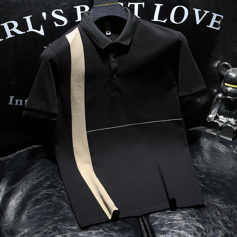 2024 NEW POLO SHIRT MENS SHORT SLEEVE SUMMER KOREAN VERSION FASHION COLOR-BLOCK STRIP SLIM HANDSOME INTERNET CELEBRITY THE SAME LAPEL