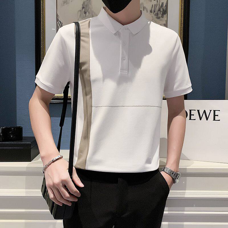 2024 NEW POLO SHIRT MENS SHORT SLEEVE SUMMER KOREAN VERSION FASHION COLOR-BLOCK STRIP SLIM HANDSOME INTERNET CELEBRITY THE SAME LAPEL