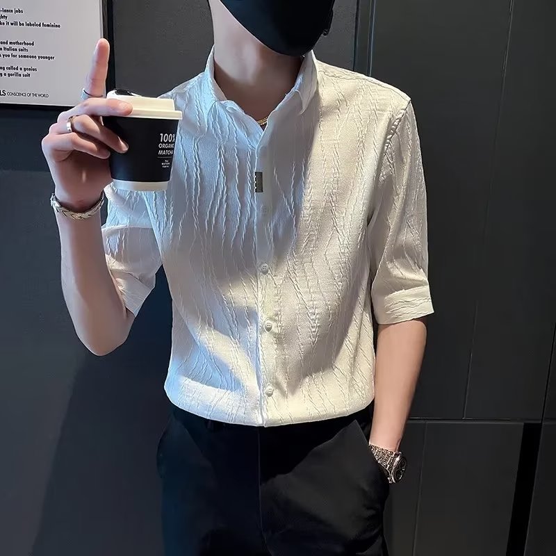 2025年新款痞帅衬衫男士短袖夏季高级感男装条纹潮牌五分中袖衬衣