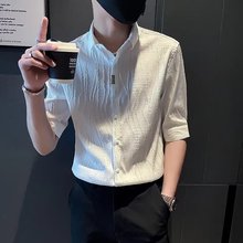 2025年新款痞帅衬衫男士短袖夏季高级感男装条纹潮牌五分中袖衬衣