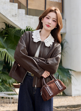 2026春季短款时尚蕾丝拼接短外套女修身显瘦复古上衣黑色PU皮衣潮