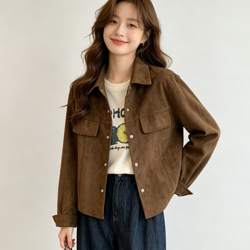 2026秋季新款长袖麂皮绒短外套女