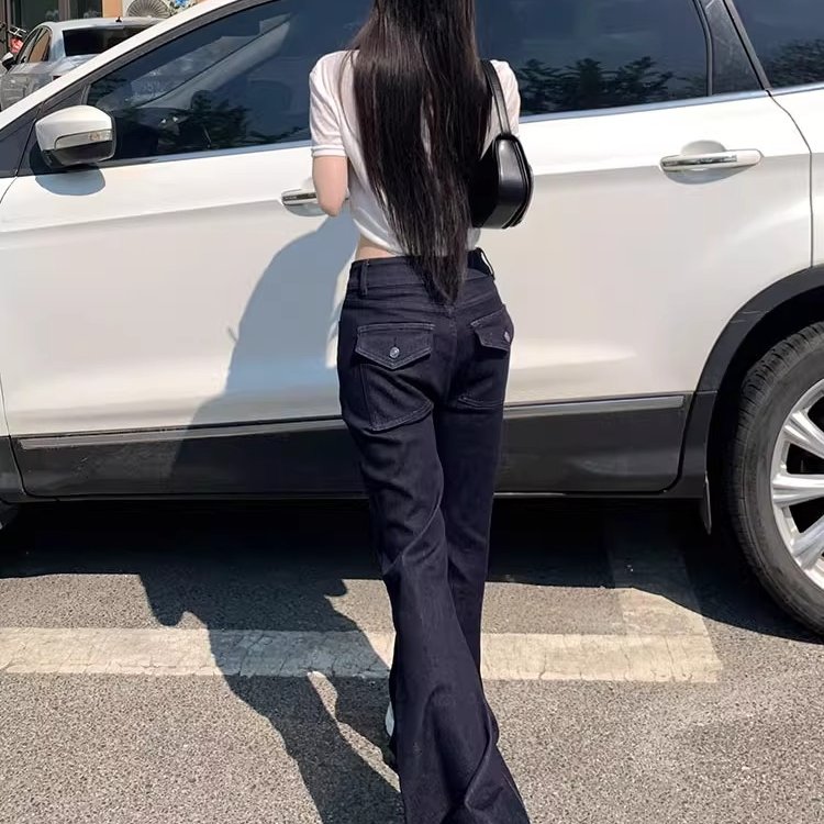 玛丽公主深蓝色莱赛尔天丝微喇牛仔裤女夏薄款2025丹宁高腰弹力