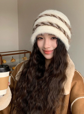 韩系拼色条纹针织帽女冬季保暖显