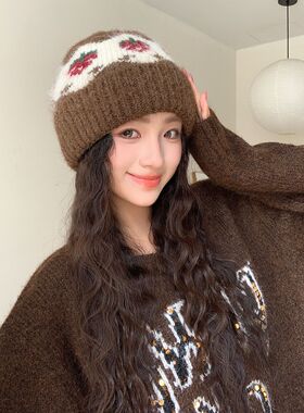 费尔岛提花草莓针织毛线帽女秋冬
