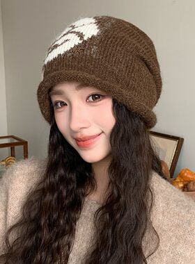 新款提花抽绳堆堆帽女秋冬新款百