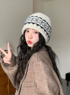 卷边费尔岛复古针织帽女秋冬季显