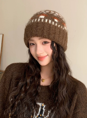 复古费尔岛新款针织毛线帽女秋冬