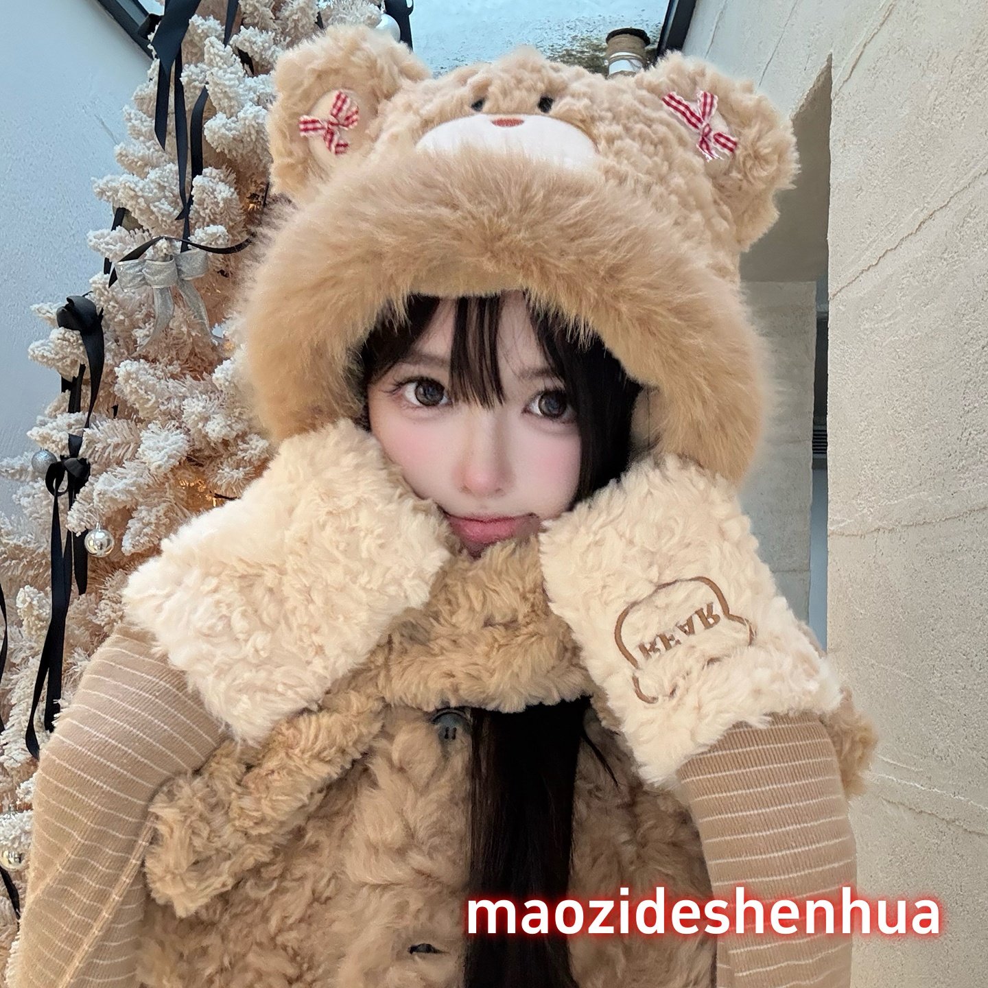 可爱蝴蝶结小熊耳朵毛绒帽保暖