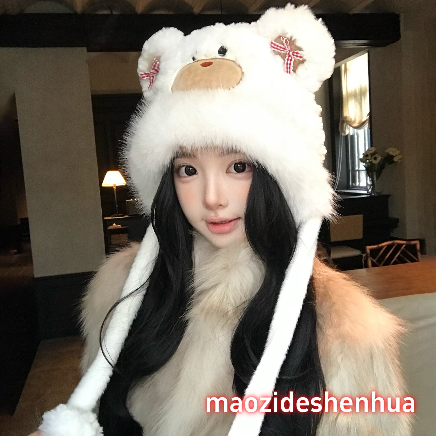 可爱小熊耳朵毛绒球球帽子女秋冬2025新款加绒保暖护耳帽防寒加厚