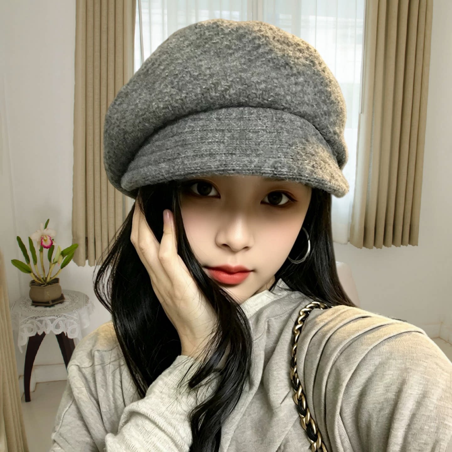 秋冬灰色羊毛保暖小檐贝雷帽女