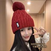 韩版 亮丝加绒毛线帽子女秋冬可爱保暖毛球针织帽护耳显脸小包头帽