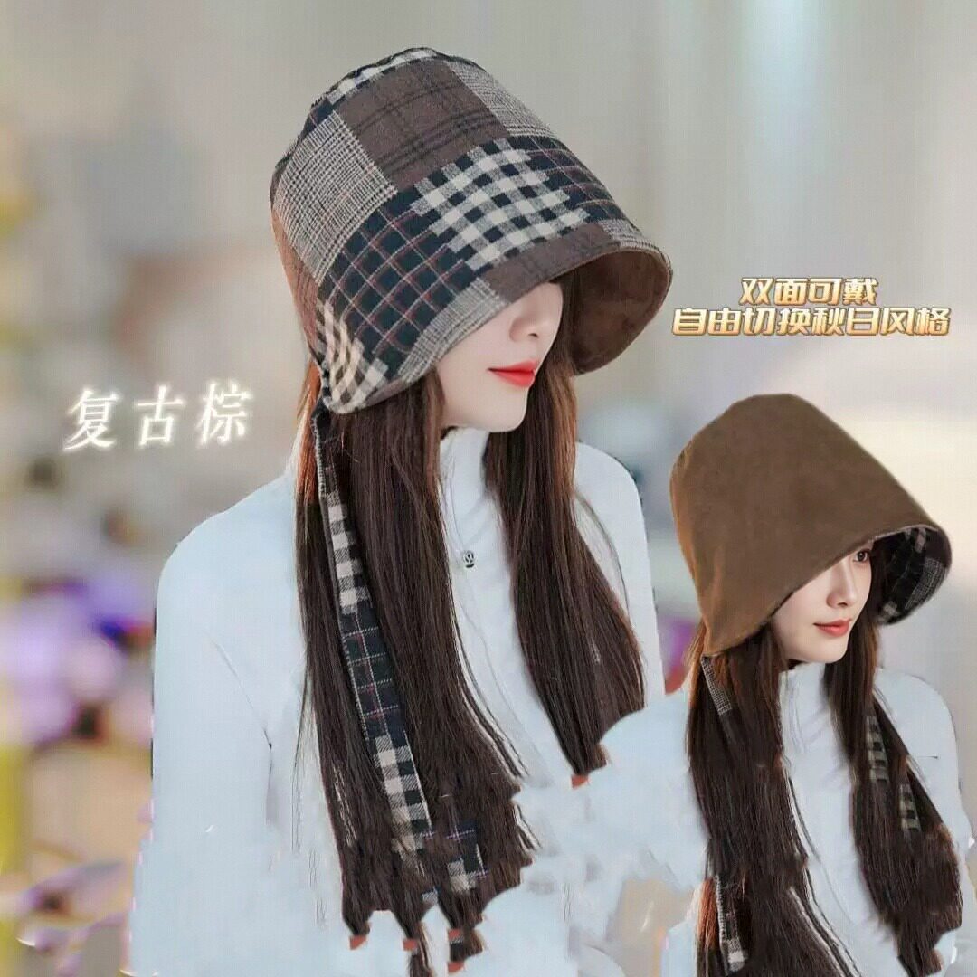 秋冬新款女麂皮绒格纹双面渔夫帽