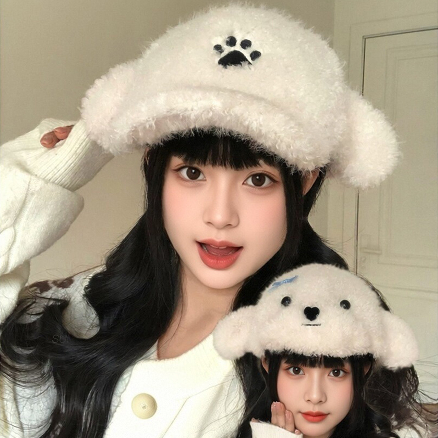秋冬甜美小狗毛绒保暖棒球帽女