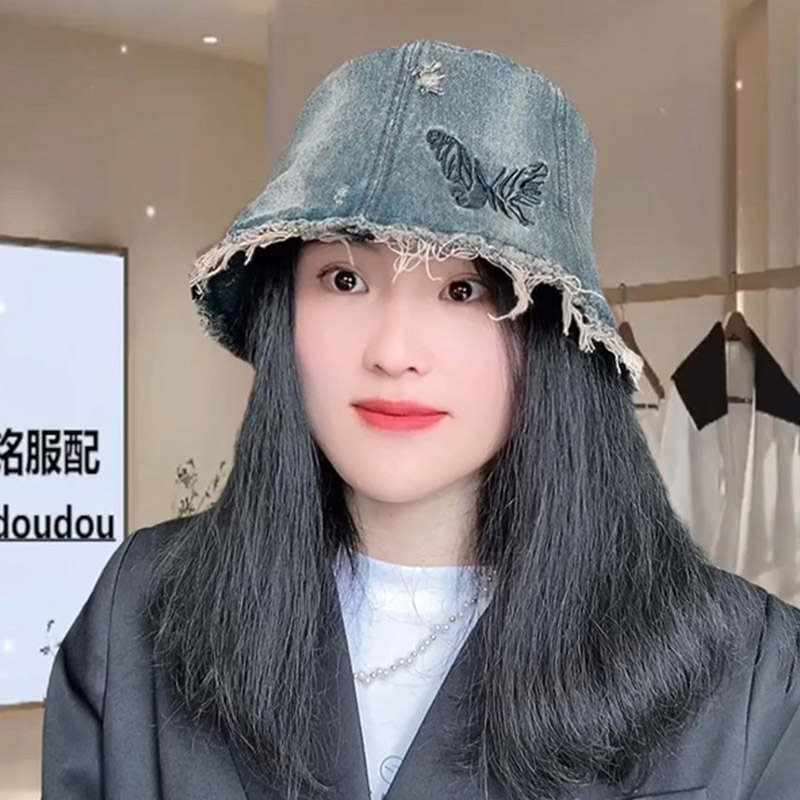 刺绣蝴蝶水桶帽日系显脸小牛仔帽