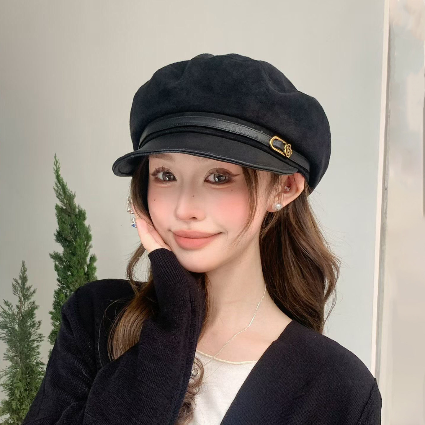 日系甜酷麂皮绒贝雷帽女春秋