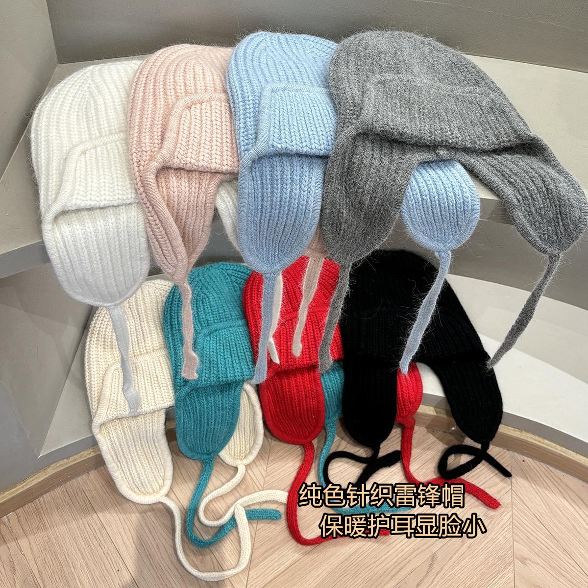 韩系纯色针织雷锋帽子女秋冬加厚保暖毛线帽护耳显脸小包头帽防寒
