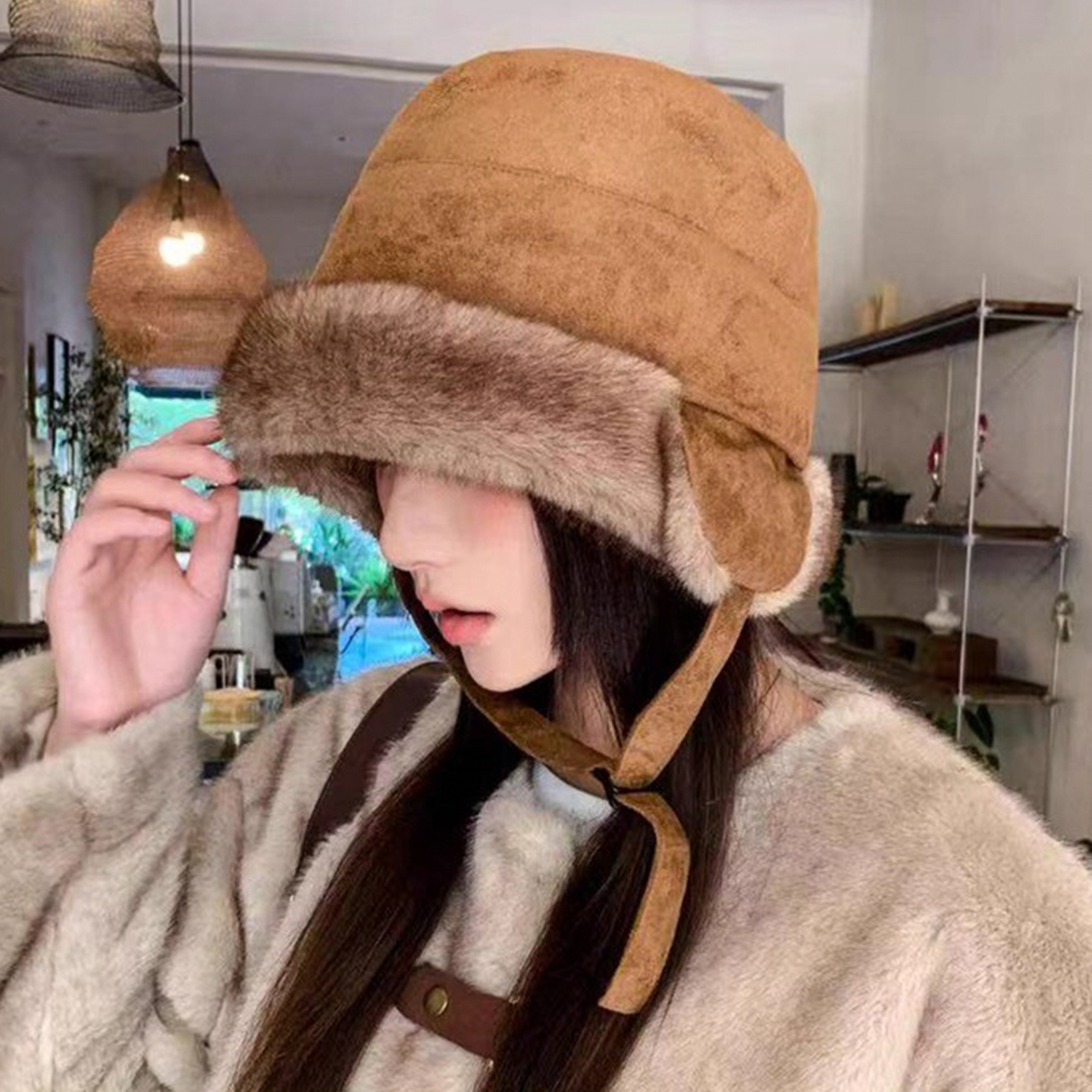 麂皮绒加厚护耳雷锋帽女冬保暖帽