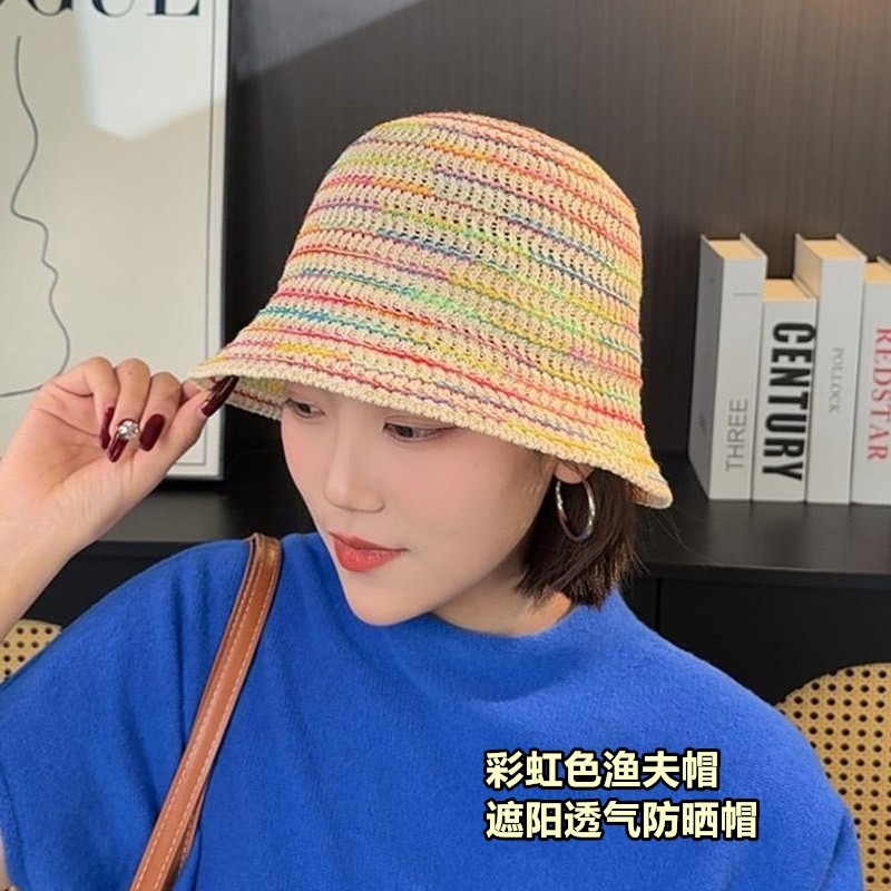 草帽彩色编织针织渔夫帽春夏薄款