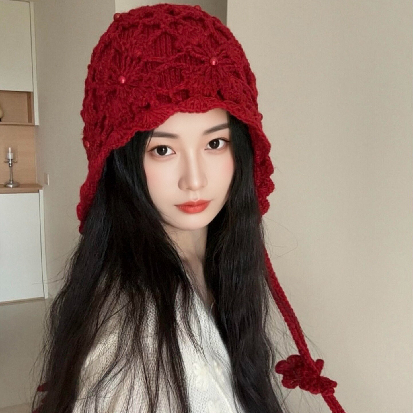 秋冬手工钩花双层保暖毛线帽女