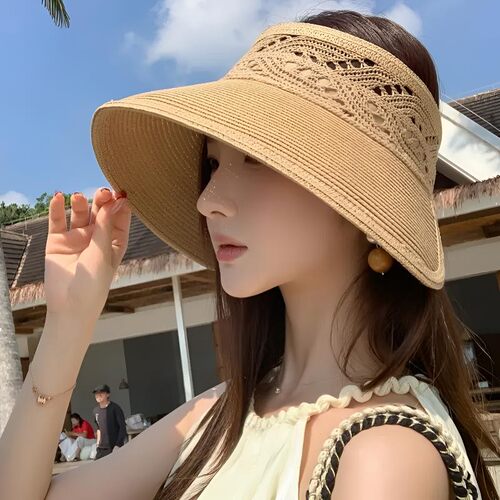 夏季草编空顶大檐防晒帽女款