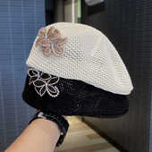 镂空反戴前进帽显脸小画家帽 时尚 韩版 定型水钻花朵贝雷帽子女夏季