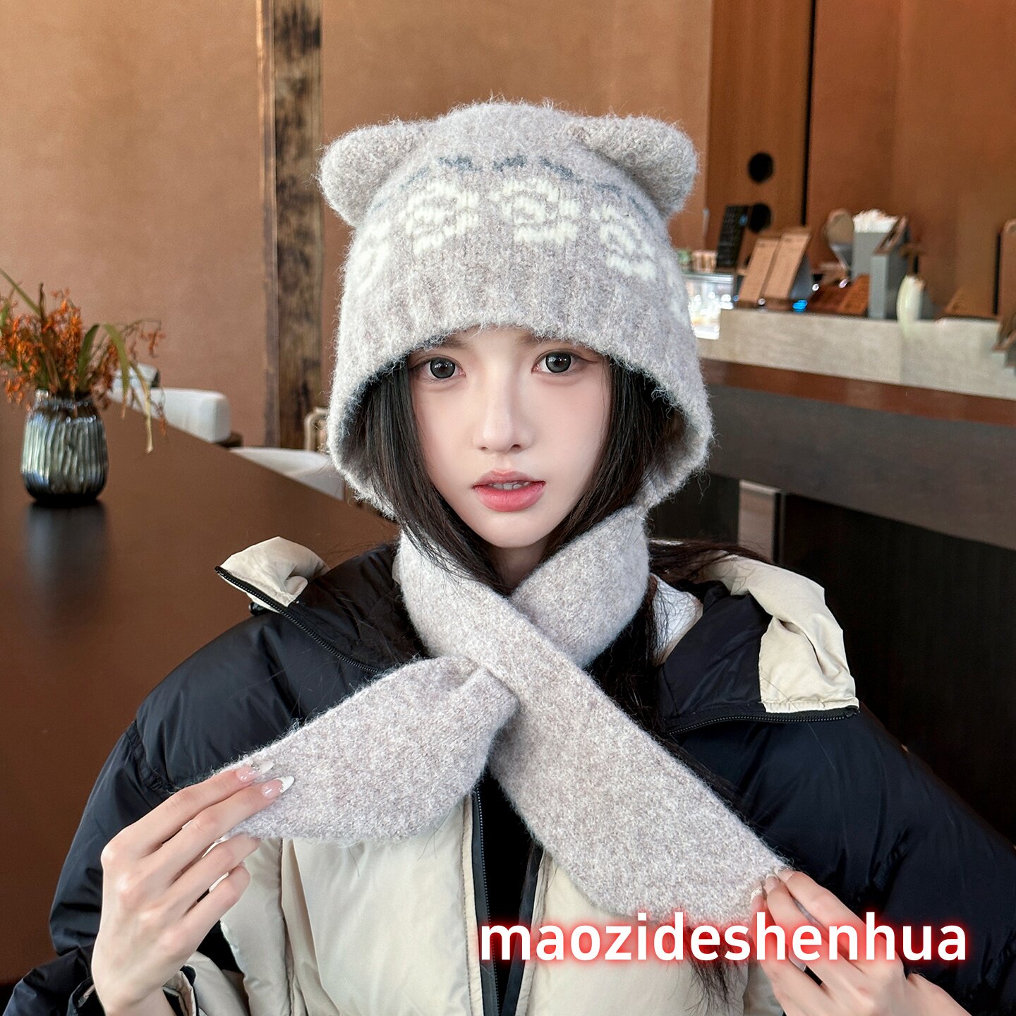 韩系玫瑰提花小猫耳朵针织帽防寒