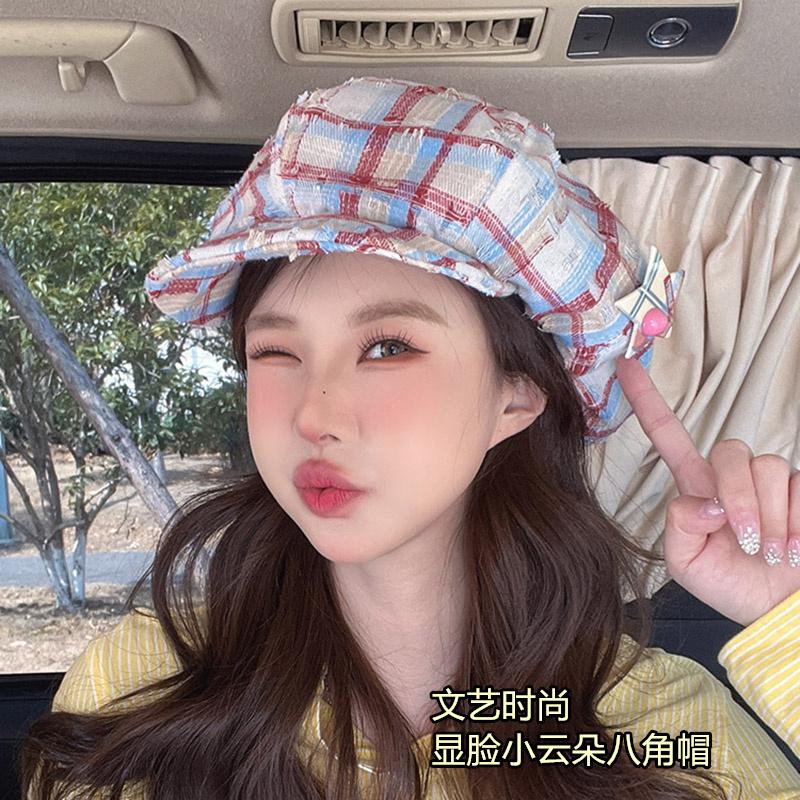 2025新款格纹八角帽子女春夏季