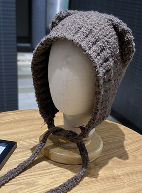 2022爆款可爱小熊帽子女秋冬季保暖护耳毛线帽韩版百搭灰色针织帽