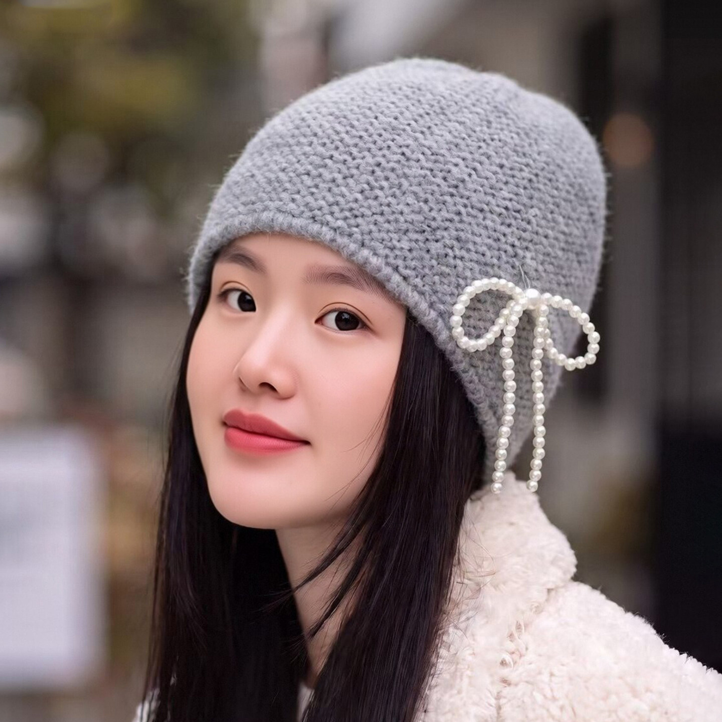 韩版水钻蝴蝶结针织帽女保暖