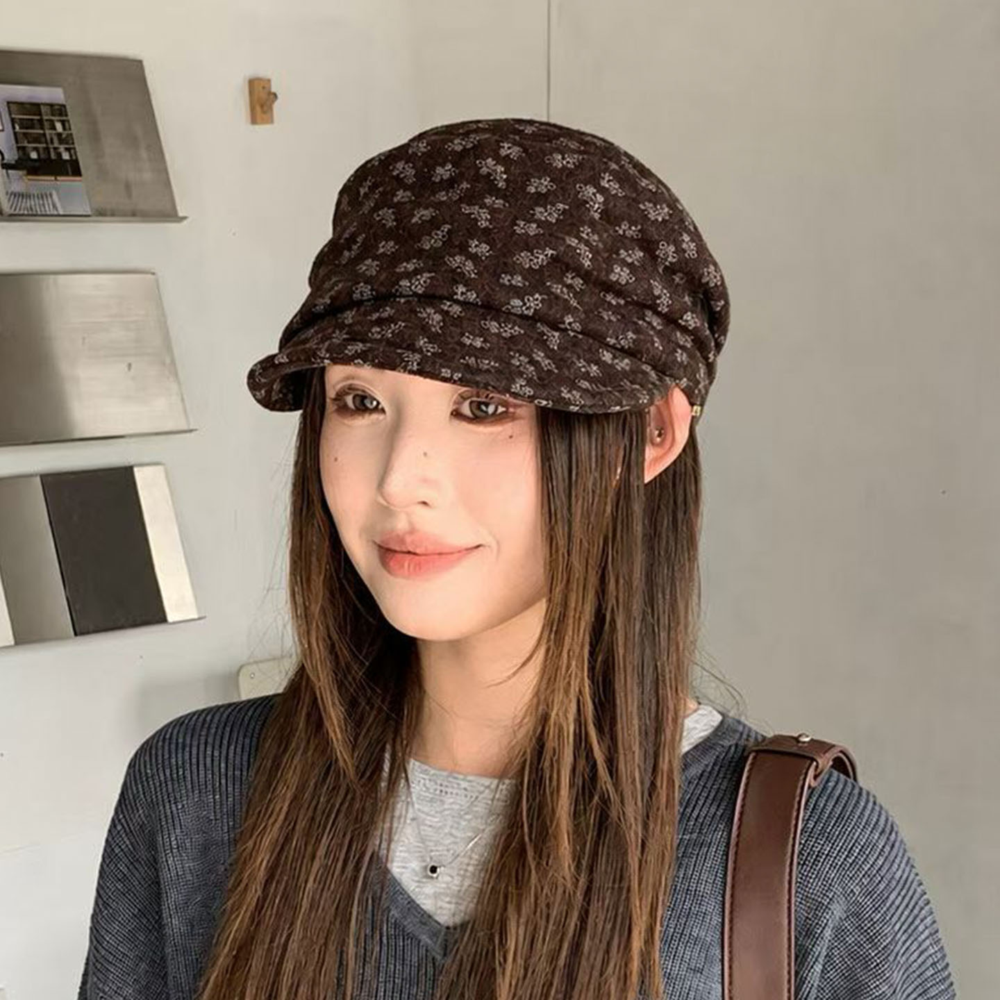 韩版碎花马术帽女显脸小百搭