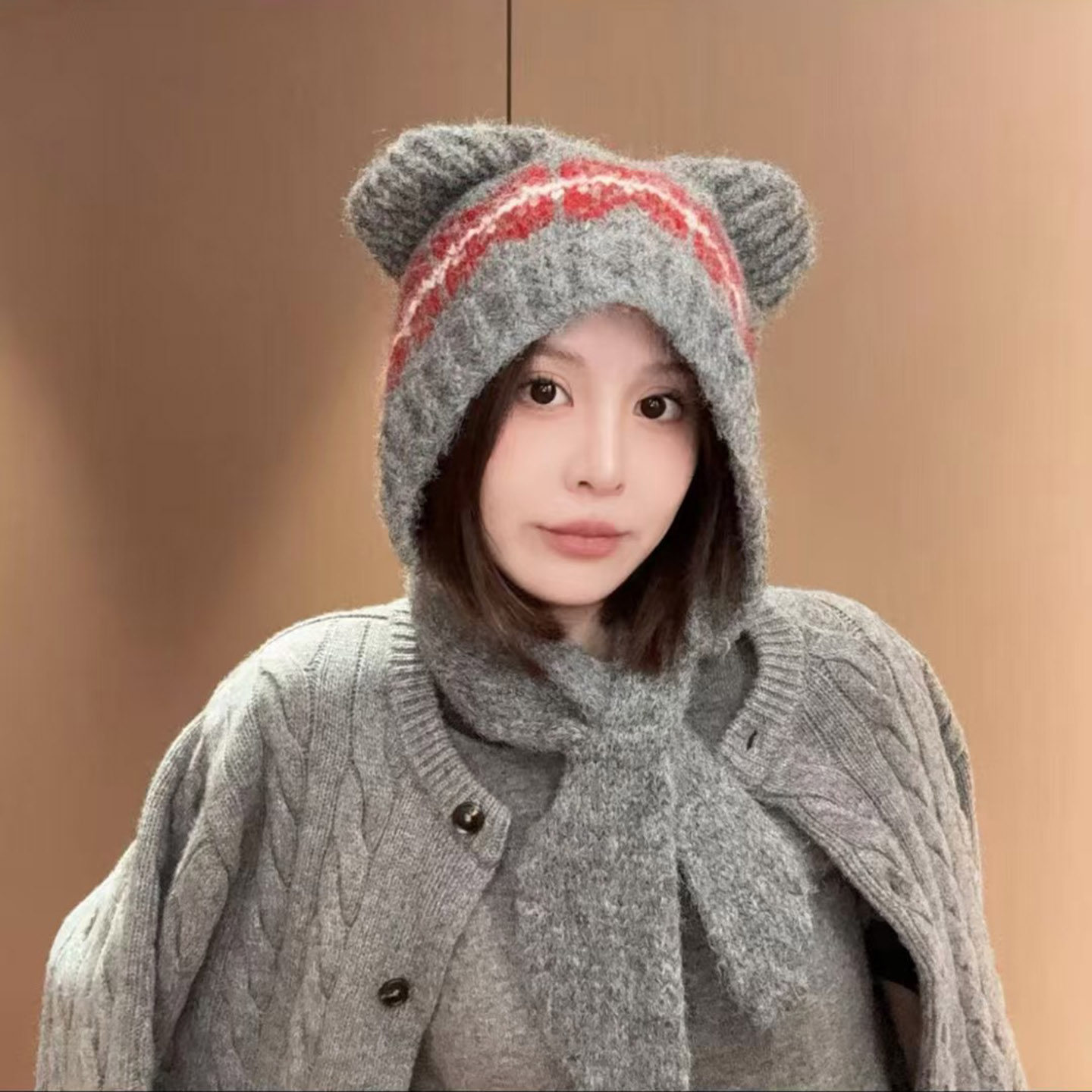 可爱羊毛混纺小熊帽子女秋冬保暖