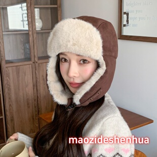 麂皮绒雷锋帽子女秋冬2025新款加厚抗风骑车帽保暖护耳东北滑雪帽
