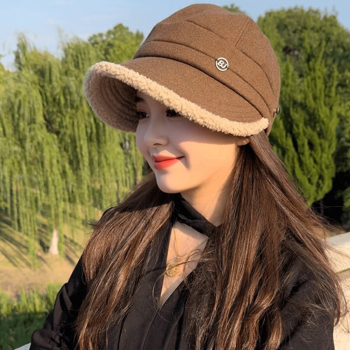 秋冬加绒保暖渔夫帽女挂口罩显脸