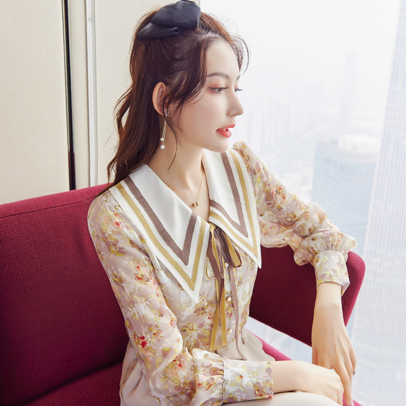 熙可儿法式浪漫碎花雪纺衫女长袖2023新款时尚灯笼袖复古小衫