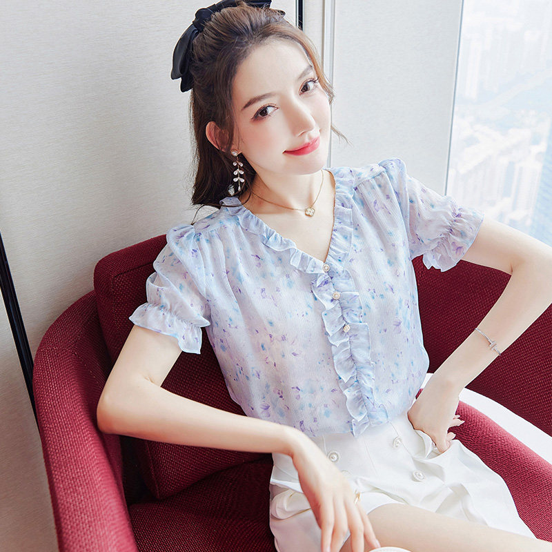 熙可儿小清新碎花雪纺衫女短袖2023夏装新款v领洋气上衣韩版小衫