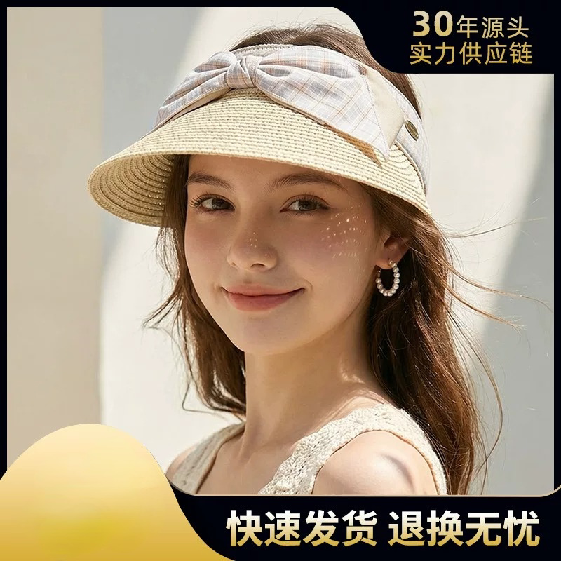 新款时尚蝴蝶结发箍帽编织透气显脸小女帽夏季百搭大檐草编渔夫帽