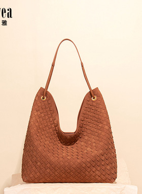欧美时尚大容量复古麂皮绒编织腋下包慵懒松弛感手提单肩托特包女