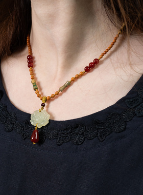 莲措|原创岫玉莲花项链锁骨链璎珞多宝文艺新中式国风手作民族风