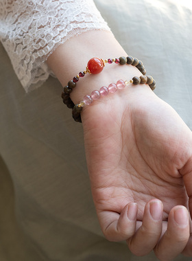 檀烟绛|绿檀木手串红玛瑙多层双叠戴手链新中式百搭喜木火五行