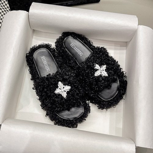 smfk厚底新款十字架标增高毛毛拖