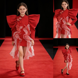 红色演出服装女童锦鲤儿童摄影服装新年服2026主持人T台走秀潮童