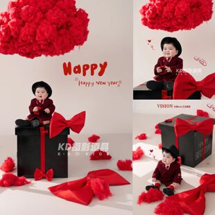 影楼主题写真红色蝴蝶结套装儿童摄影服装男孩西装照相道具2026年